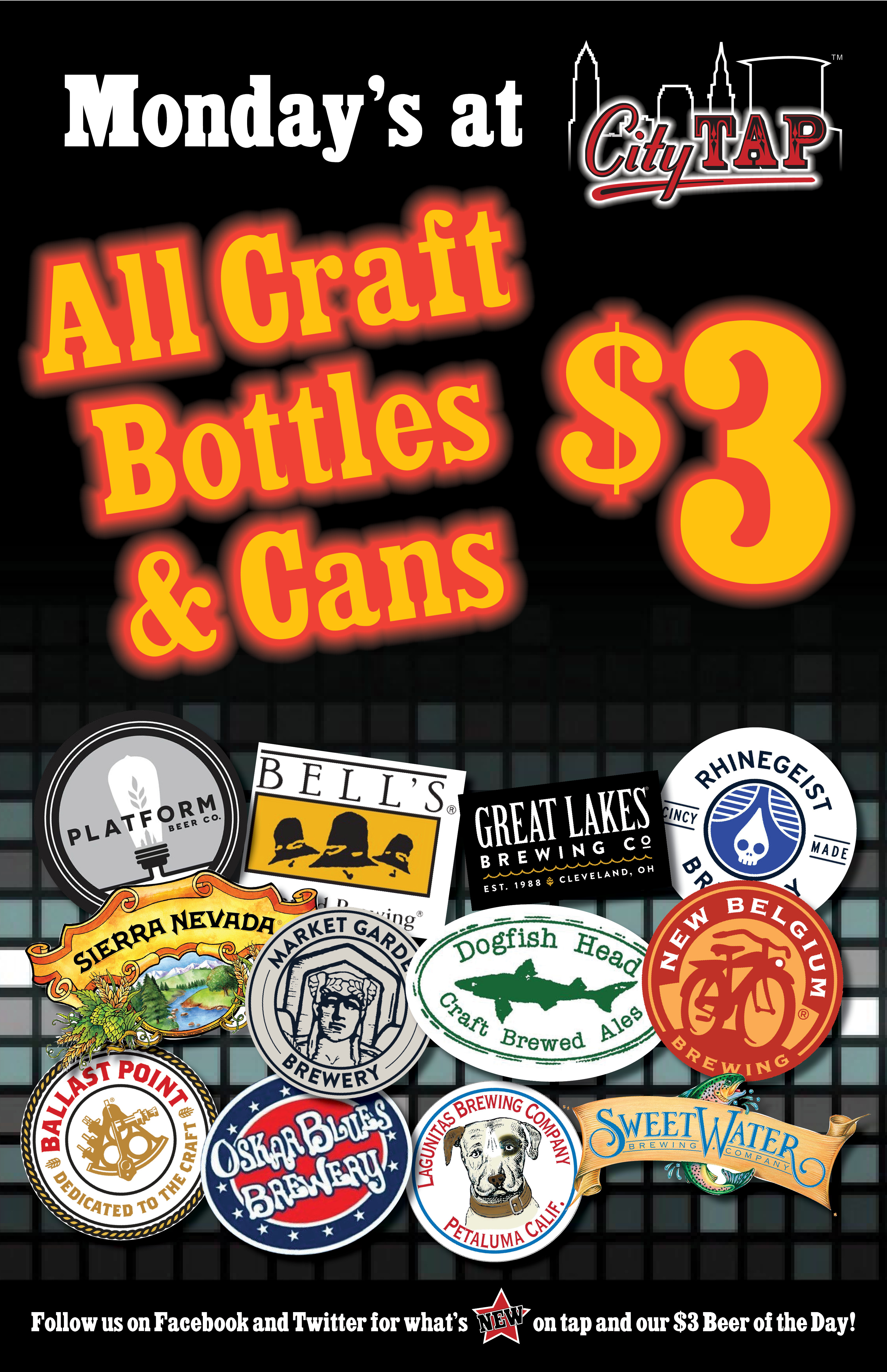 Monday's All Craft Bottles & Cans $3 at City Tap Cleveland